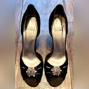 Stuart Weitzman Black Satin D’Orsay Pump with Crystal Accent sz 7